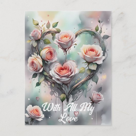 Romantische Rozen Hart met Elegant Script Briefkaart (Voorkant)