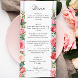 Romantische Rozen & Kalligrafie Menu<br><div class="desc">Mooie zuilen van elegante waterverf blush roze rozen en groen gebladerte op een subtiele pastel waterverf achtergrond en middenlabel met gouden randen. Beschikt over een "Menu"-tekstafbeelding in aangepast scriptlettertype (of verwijder en pas de tekst aan in de ontwerpeditor) met bewerkbare tekstvelden. Bevat blokken bewerkbare tekstvelden voor een compleet ontvangstdiner.</div>