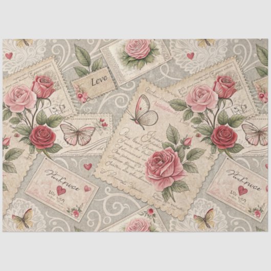 Romantische  Rozen Letters Vlinder Decoupage Tissuepapier (Voorkant)