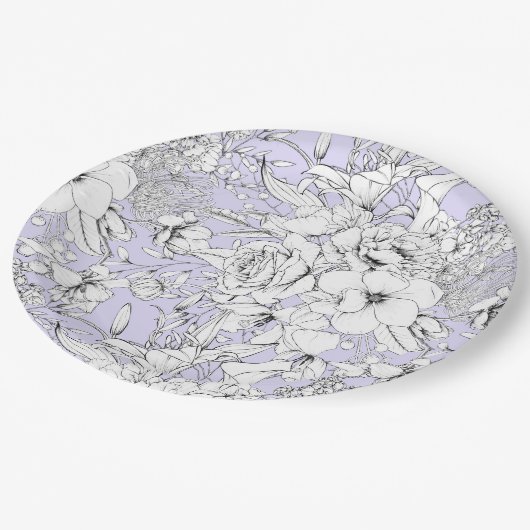 Romantische rozen peony eucalyptus line tekening l papieren bordje (Gekanteld)