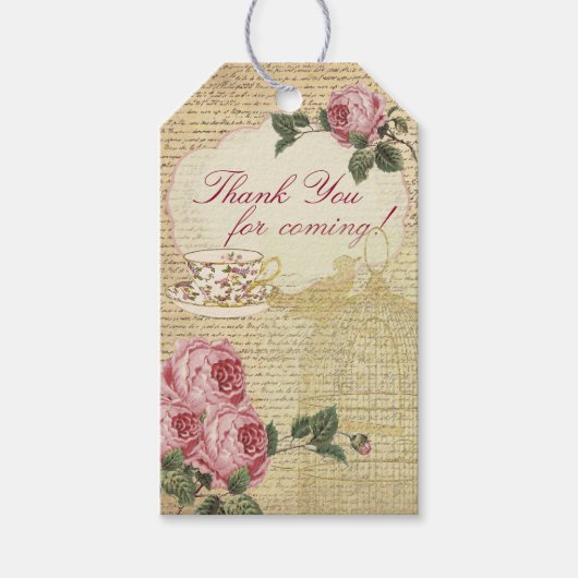  Romantische Rozen Theekop en Vogelkooi Cadeaulabel (Voorkant)