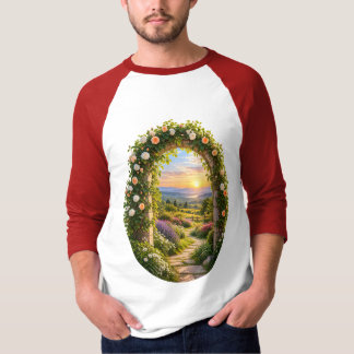 Romantische Rozen Tuin Boog Berg Zonsopgang T-shirt