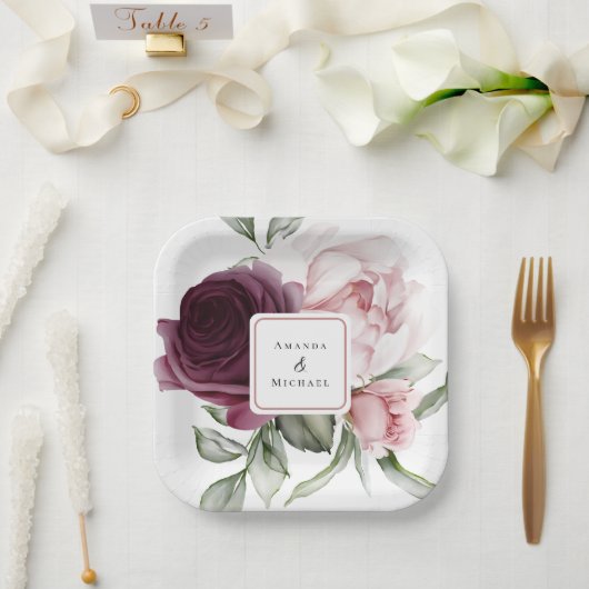 Romantische Rozen Waterverf Botanisch huwelijk Papieren Bordje (Huwelijk)