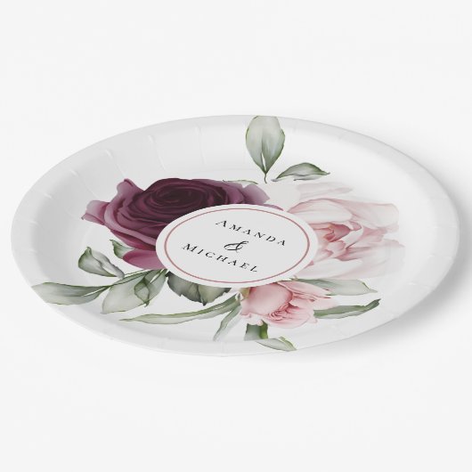 Romantische Rozen Waterverf Botanisch huwelijk Papieren Bordje (Gekanteld)