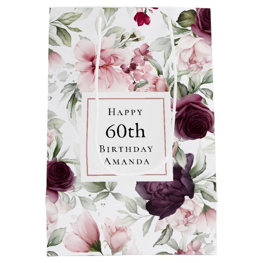 Romantische Rozen Waterverf Botanische 60e Verjaar Medium Cadeauzakje (Achterkant)