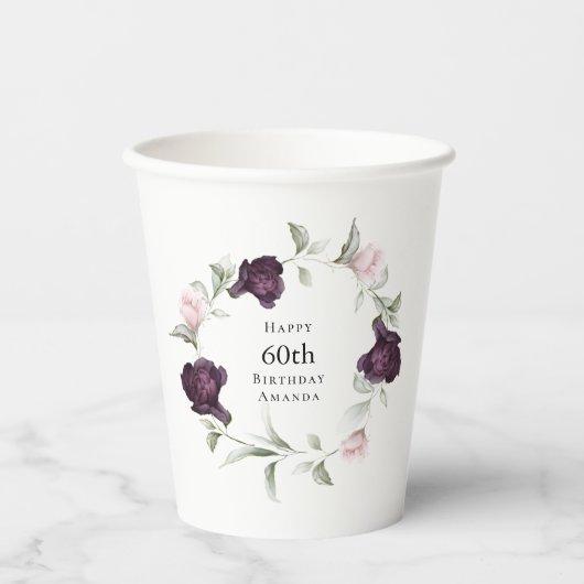 Romantische Rozen Waterverf Botanische 60e Verjaar Papieren Bekers (Voorkant)