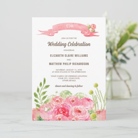 Romantische Rozen Waterverf bruiloft Kaart (Staand voorkant)