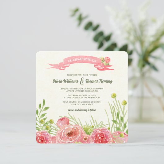 Romantische Rozen Waterverf bruiloft Kaart (Staand voorkant)