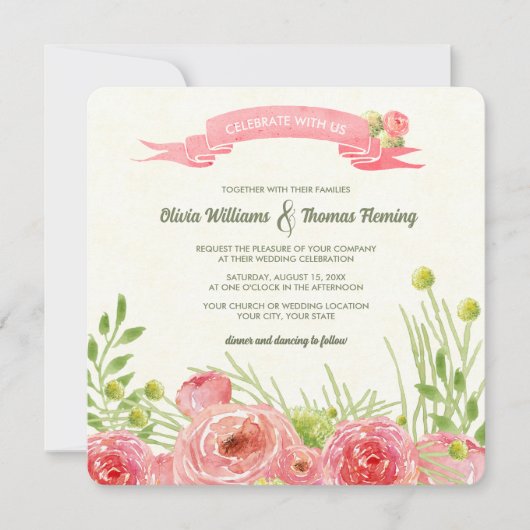 Romantische Rozen Waterverf bruiloft Kaart (Voorkant)