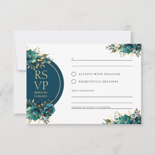 Romantische RSVP turquoise bloemen met gouden acce (Voorkant)