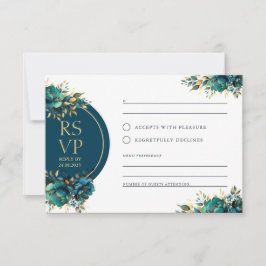 Romantische RSVP turquoise bloemen met gouden acce Kaartje