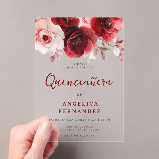 Romantische Ruby Red Rose Quinceanera Party Acryl Uitnodigingen (Insitu (Draagbaar))