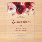 Romantische Ruby Red Rose Quinceanera Party Acryl Uitnodigingen (Voorkant)