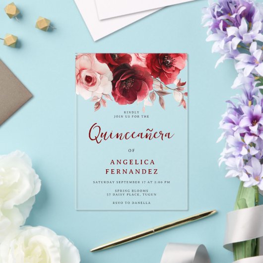 Romantische Ruby Red Rose Quinceanera Party Acryl Uitnodigingen (Insitu (Huwelijk))