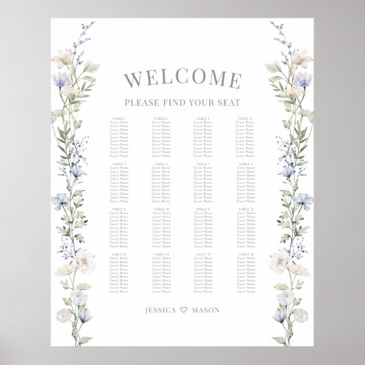 Romantische rustieke blauwe bloemenbruiloft zitgra poster (Voorkant)