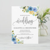 Romantische rustieke blauwe gele bloemen boho brui kaart (Staand voorkant)