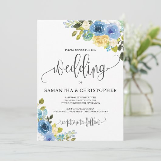 Romantische rustieke blauwe gele bloemen boho brui kaart (Staand voorkant)