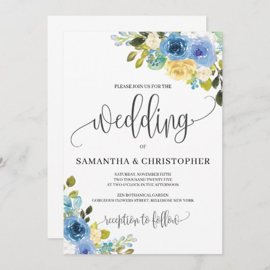 Romantische rustieke blauwe gele bloemen boho brui kaart (Voorkant / Achterkant)