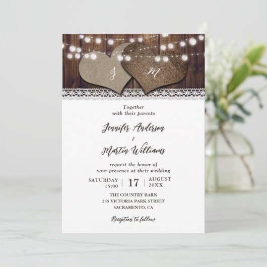 Romantische rustieke houten jute en kanten bruilof kaart (Staand voorkant)