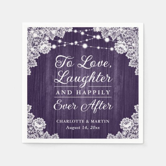 Romantische rustieke houten kant Paarse bruiloft Servet (Voorkant)