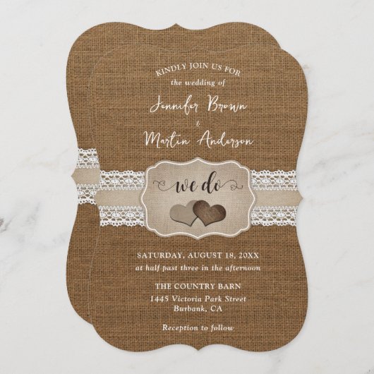 Romantische rustieke jute en kant bruiloft uitnodi kaart (Voorkant / Achterkant)