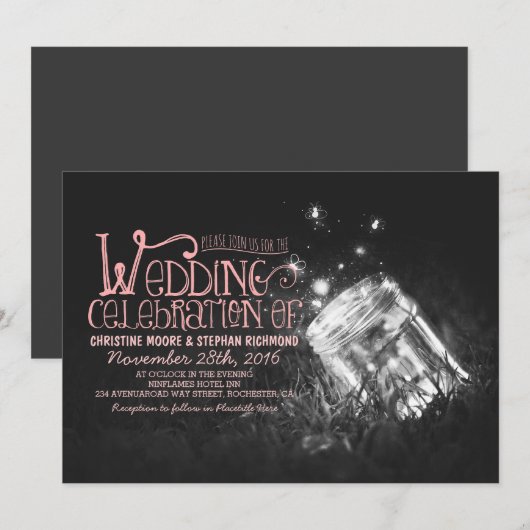 Romantische rustieke mason jar & vuurvliegjes brui kaart (Voorkant / Achterkant)