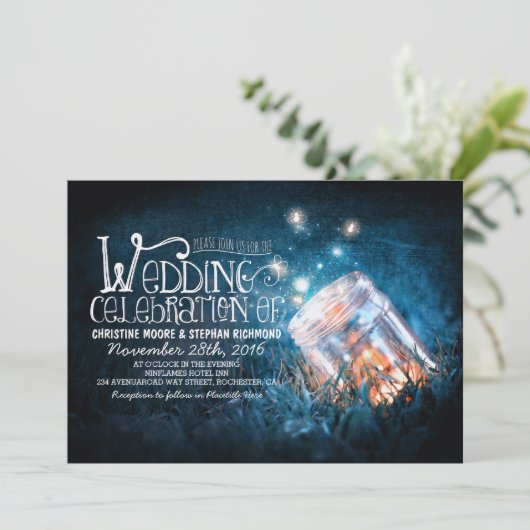 Romantische rustieke mason jar & vuurvliegjes brui kaart (Staand voorkant)