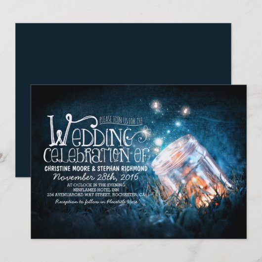 Romantische rustieke mason jar & vuurvliegjes brui kaart (Voorkant / Achterkant)