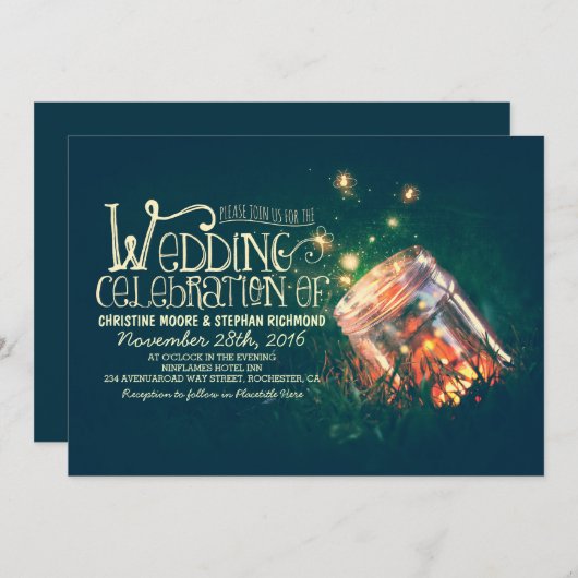 Romantische rustieke mason jar & vuurvliegjes brui kaart (Voorkant / Achterkant)