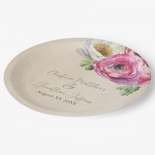 Romantische Rustieke Roze & Witte Ranunculus Papieren Bordje (Gekanteld)