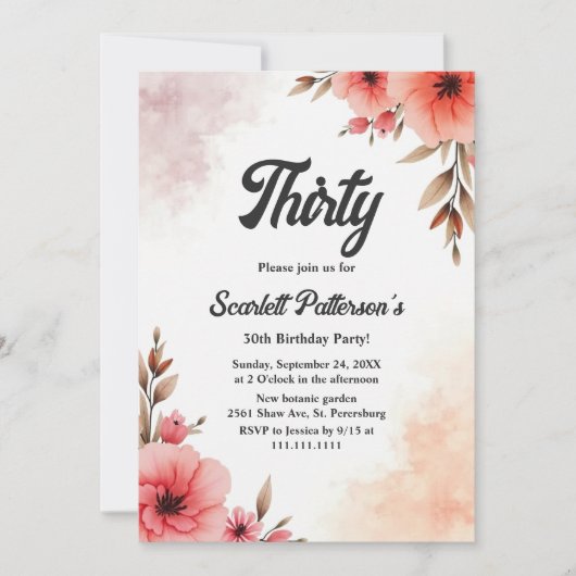 Romantische rustieke Waterverf Floral 30e verjaard Kaart (Voorkant)