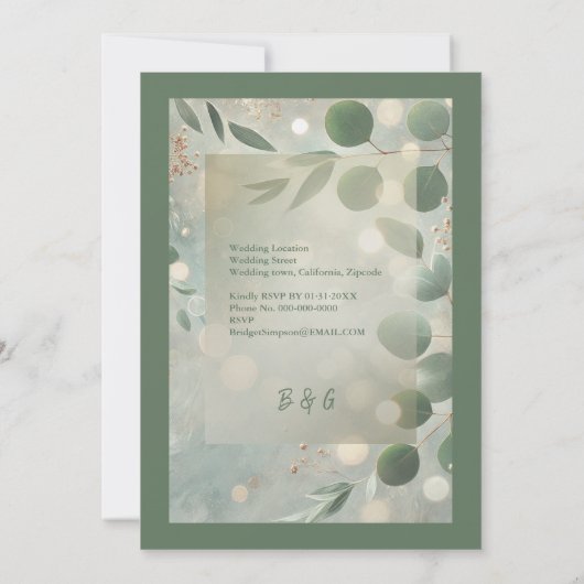 Romantische Sage Green Eucalyptus Wedding Kaart (Achterkant)
