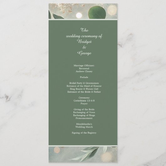 Romantische Sage Green Eucalyptus Wedding Programmakaart (Achterkant)