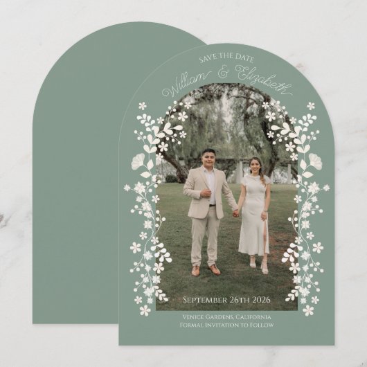 Romantische Sage Green Floral Arch Save the Date Kaart (Voorkant / Achterkant)
