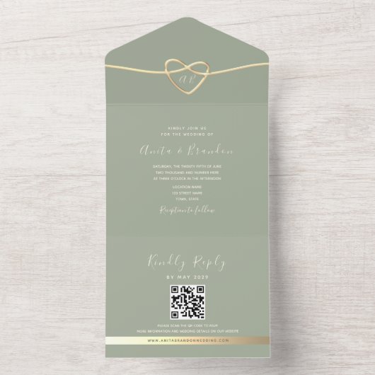 Romantische Sage Green Huwelijksuitnodigingen met  All In One Uitnodiging (Binnen)