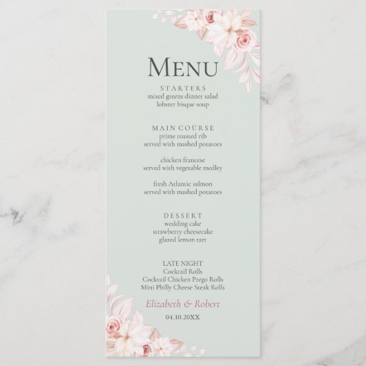 Romantische salie groen en roze rozen bruiloft men menu (Voorkant)