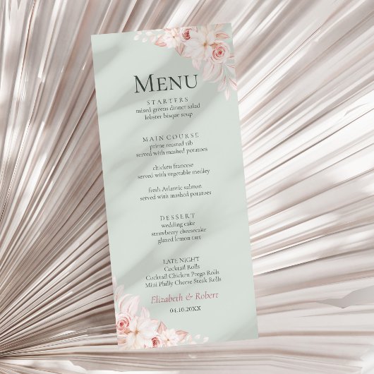Romantische salie groen en roze rozen bruiloft men menu