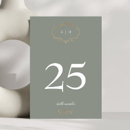 romantische salie groen klassiek goud monogram bru kaart