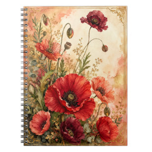 Romantische scharlaken klaprozen tuin aquarel notitieboek