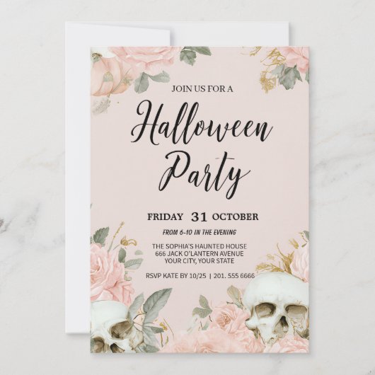 Romantische schedel Bloemen Halloween Party Kaart (Voorkant)