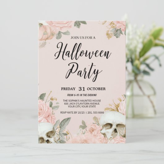 Romantische schedel Bloemen Halloween Party Kaart (Staand voorkant)