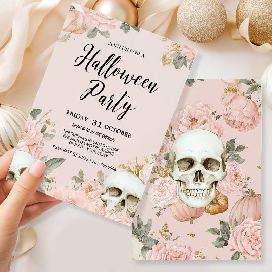 Romantische schedel Bloemen Halloween Party Kaart