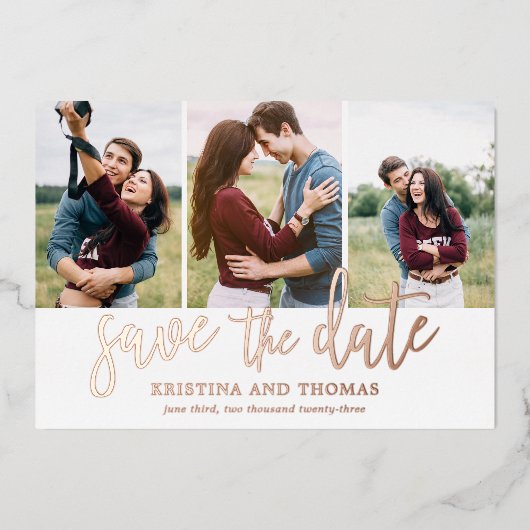 Romantische Script 3 Foto Collage Save The Date Folie Uitnodiging (Voorkant)