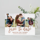 Romantische Script 3 Foto Collage Save The Date Folie Uitnodiging (Staand Voorkant)