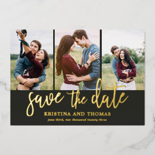 Romantische Script 3 Foto Collage Save The Date Folie Uitnodiging