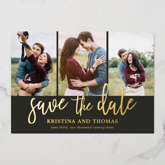 Romantische Script 3 Foto Collage Save The Date Folie Uitnodiging (Voorkant)