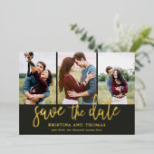 Romantische Script 3 Foto Collage Save The Date Folie Uitnodiging (Staand Voorkant)