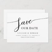 Romantische Script Calligraphy Black & White Weddi Save The Date (Voorkant / Achterkant)