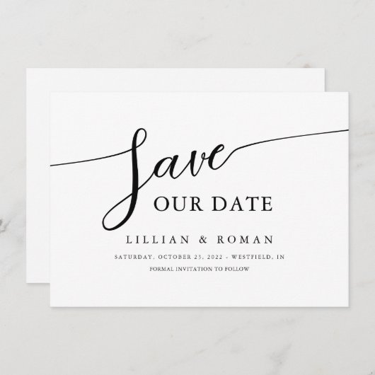 Romantische Script Calligraphy Black & White Weddi Save The Date (Voorkant / Achterkant)