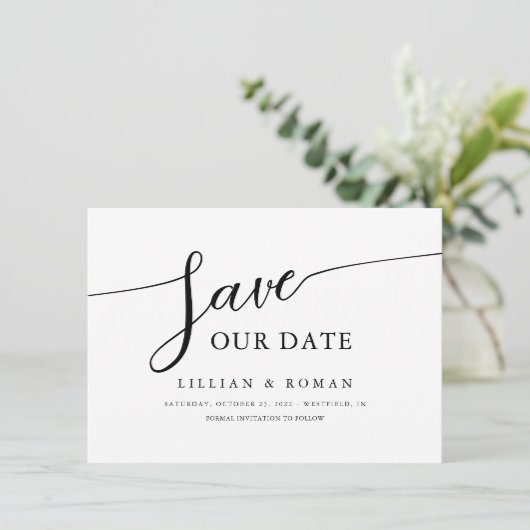 Romantische Script Calligraphy Black & White Weddi Save The Date (Staand voorkant)